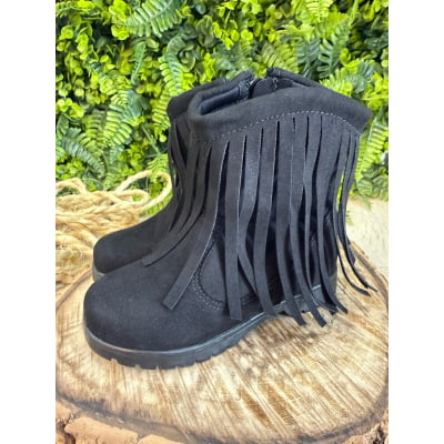Bota Infantil Preta Boiadeira Cowgirl Franjas Camurça