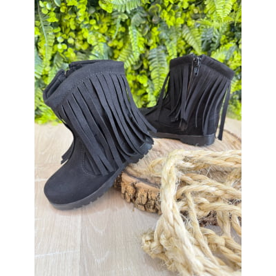 Bota Infantil Preta Boiadeira Cowgirl Franjas Camurça