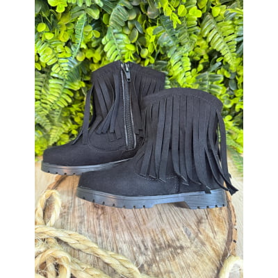 Bota Infantil Preta Boiadeira Cowgirl Franjas Camurça