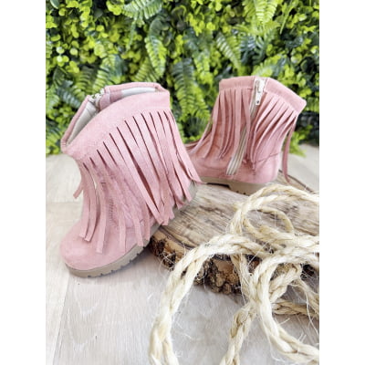 Bota Infantil Rosa Boiadeira Cowgirl Franjas Camurça