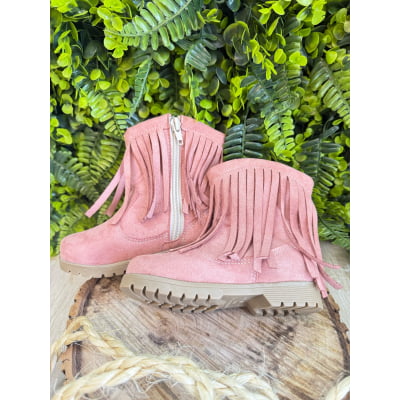 Bota Infantil Rosa Boiadeira Cowgirl Franjas Camurça