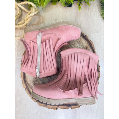 Bota Infantil Rosa Boiadeira Cowgirl Franjas Camurça