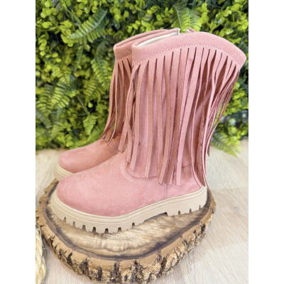 Bota Infantil Rosa Boiadeira Cowgirl Franjas Camurça