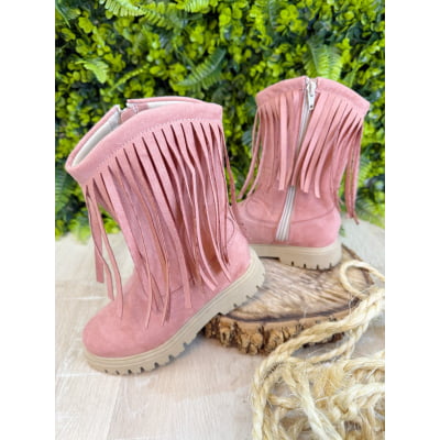 Bota Infantil Rosa Boiadeira Cowgirl Franjas Camurça