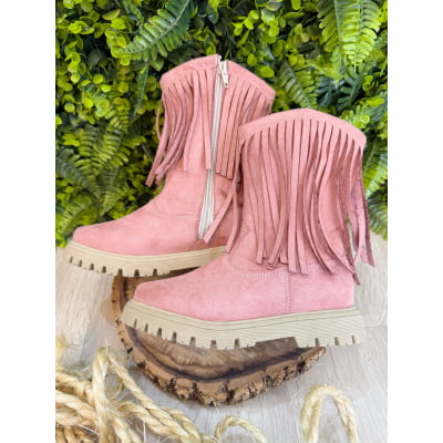 Bota Infantil Rosa Boiadeira Cowgirl Franjas Camurça