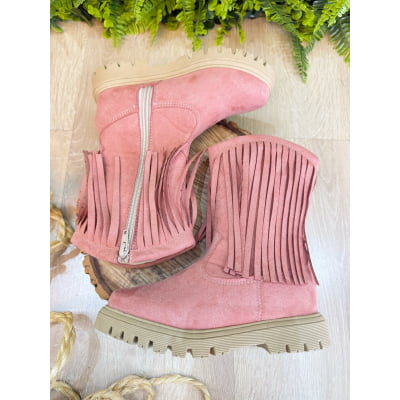 Bota Infantil Rosa Boiadeira Cowgirl Franjas Camurça