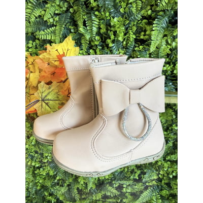 Botinha Infantil Nude Com Lacinho Strass e Zíper