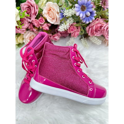 Coturno Infantil Barbie Pink Verniz Com Cadarço e Glitter