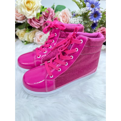 Coturno Infantil Barbie Pink Verniz Com Cadarço e Glitter
