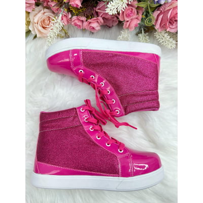 Coturno Infantil Barbie Pink Verniz Com Cadarço e Glitter