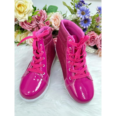Coturno Infantil Barbie Pink Verniz Com Cadarço e Glitter