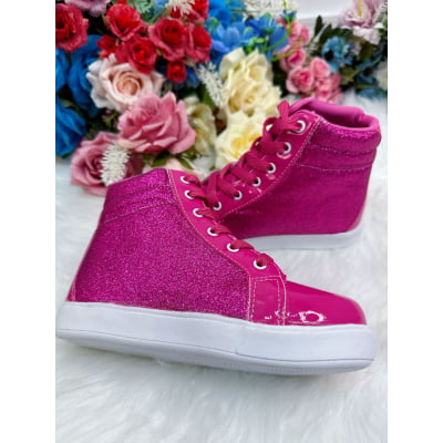 Coturno Infantil Barbie Pink Verniz Com Glitter e Cadarço