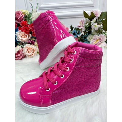 Coturno Infantil Barbie Pink Verniz Com Glitter e Cadarço
