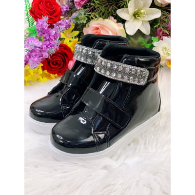 Coturno Infantil Preto Verniz Com Velcro Strass e Glitter