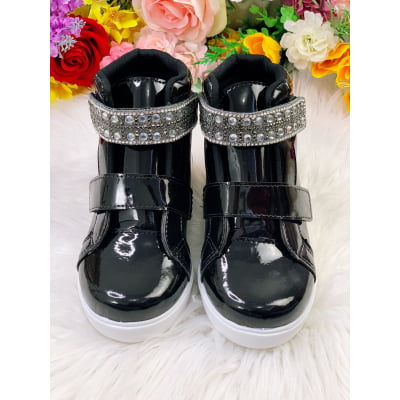 Coturno Infantil Preto Verniz Com Velcro Strass e Glitter