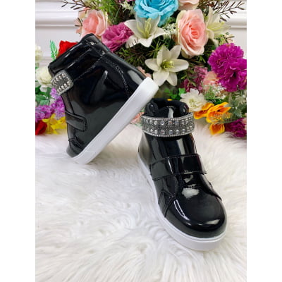 Coturno Infantil Preto Verniz Com Velcro Strass e Glitter