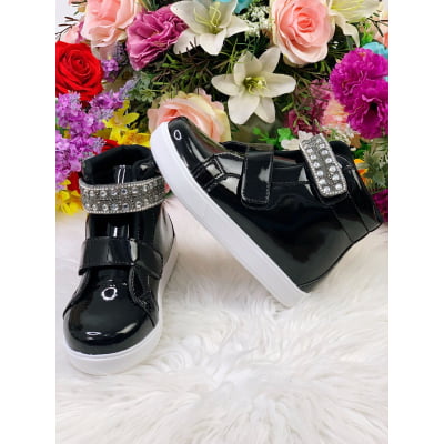 Coturno Infantil Preto Verniz Com Velcro Strass e Glitter