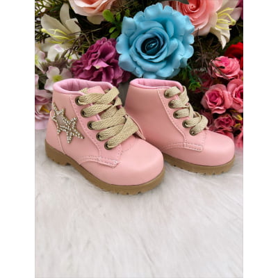 Coturno Infantil Rosa Com Estrela e Brilho e Cadarço