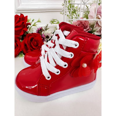 Coturno Infantil Vermelho Verniz Cadarço Florzinha Borboleta Coturno Infantil Vermelho Verniz Cadarço Florzinha Borboleta