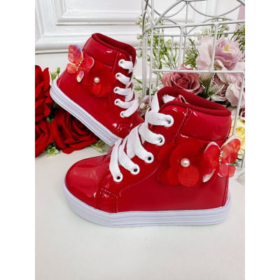 Coturno Infantil Vermelho Verniz Cadarço Florzinha Borboleta