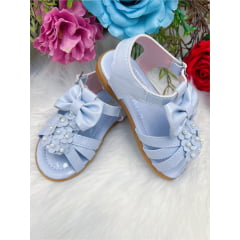 Sandália Azul Bebê Aplique de Flor Pérolas Lacinho Luxo