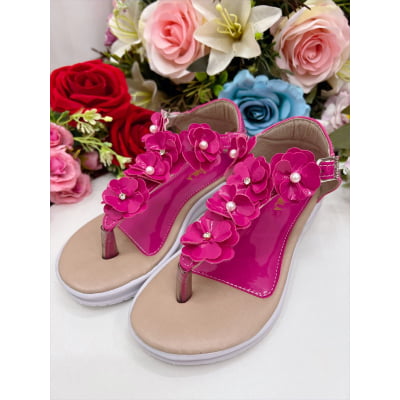Sandália Infantil C/ Flor Pérolas e Strass Rasteira Pink