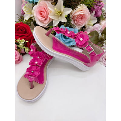 Sandália Infantil C/ Flor Pérolas e Strass Rasteira Pink