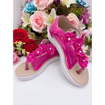Sandália Infantil C/ Flor Pérolas e Strass Rasteira Pink