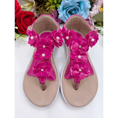 Sandália Infantil C/ Flor Pérolas e Strass Rasteira Pink