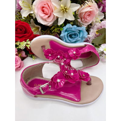 Sandália Infantil C/ Flor Pérolas e Strass Rasteira Pink