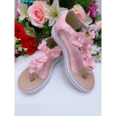 Sandália Infantil C/ Flor Pérolas e Strass Rasteira Rosa
