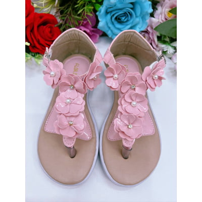 Sandália Infantil C/ Flor Pérolas e Strass Rasteira Rosa