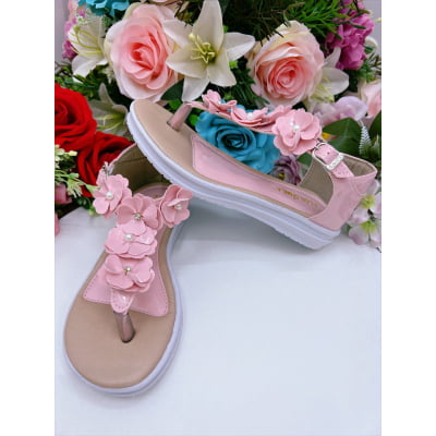Sandália Infantil C/ Flor Pérolas e Strass Rasteira Rosa