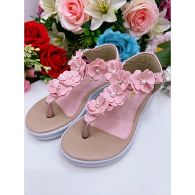Sandália Infantil C/ Flor Pérolas e Strass Rasteira Rosa