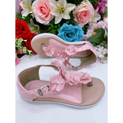 Sandália Infantil C/ Flor Pérolas e Strass Rasteira Rosa