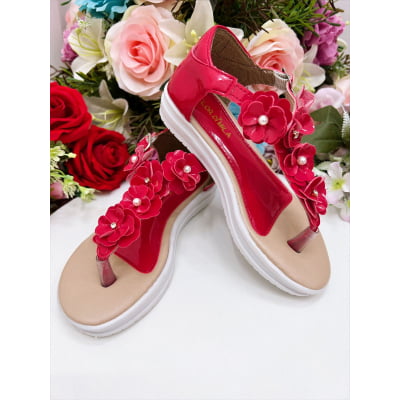 Sandália Infantil C/ Flor Pérolas e Strass Rasteira Vermelho