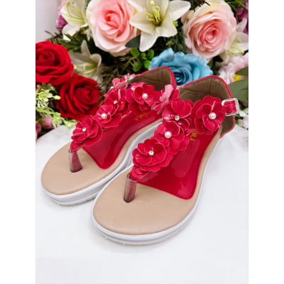 Sandália Infantil C/ Flor Pérolas e Strass Rasteira Vermelho