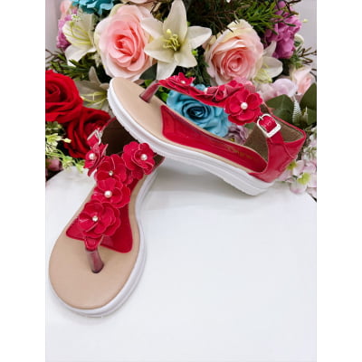 Sandália Infantil C/ Flor Pérolas e Strass Rasteira Vermelho