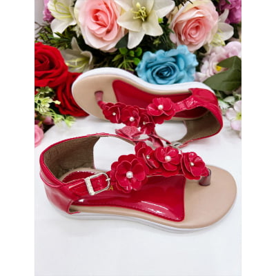Sandália Infantil C/ Flor Pérolas e Strass Rasteira Vermelho