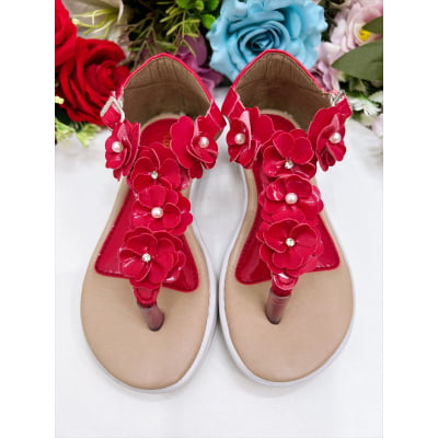 Sandália Infantil C/ Flor Pérolas e Strass Rasteira Vermelho