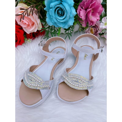Sandália Infantil Com Pérolas e Strass Rasteira Branco