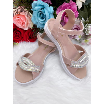 Sandália Infantil Com Pérolas e Strass Rasteira Nude
