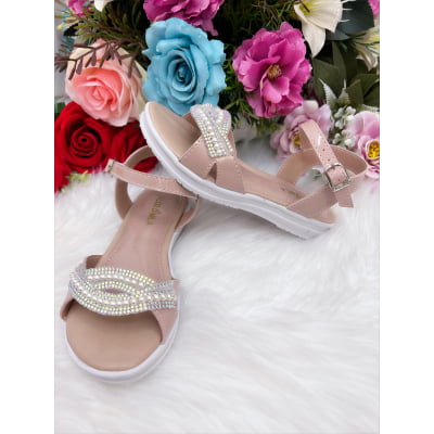 Sandália Infantil Com Pérolas e Strass Rasteira Nude