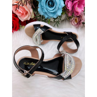 Sandália Infantil Com Pérolas e Strass Rasteira Preto