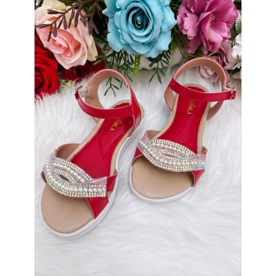 Sandália Infantil Com Pérolas e Strass Rasteira Vermelho