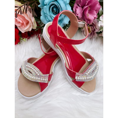 Sandália Infantil Com Pérolas e Strass Rasteira Vermelho