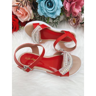 Sandália Infantil Com Pérolas e Strass Rasteira Vermelho