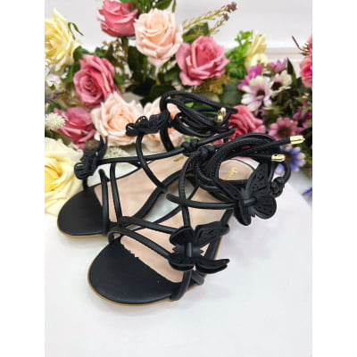 Sandália Infantil de Amarrar Com Salto Borboletas Preto