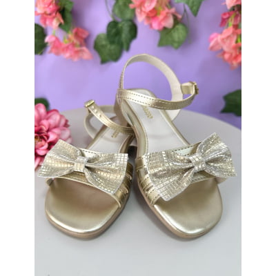 Sandália Infantil de Tiras Dourado Com Laço e Glitter Luxo
