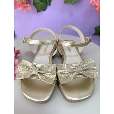 Sandália Infantil de Tiras Dourado Com Laço e Glitter Luxo
